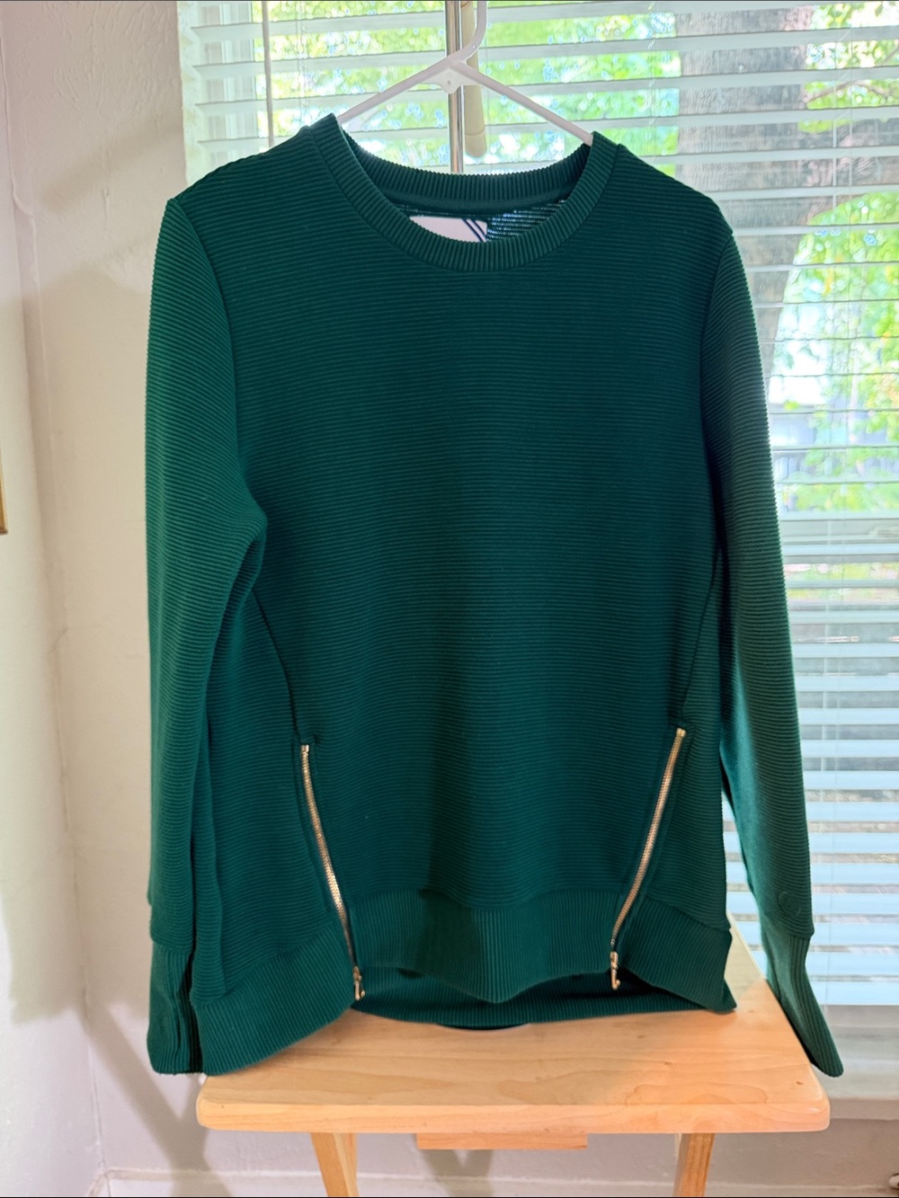 Addison Bay Forest Green Ribbed Crewneck Sweater with Gold Zipper Accents
